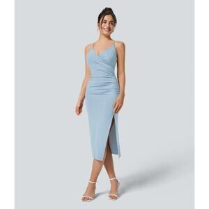 Halara Midi Dress Small Light Blue Softlyzero Airy Ruched Slit Backless UPF 50+